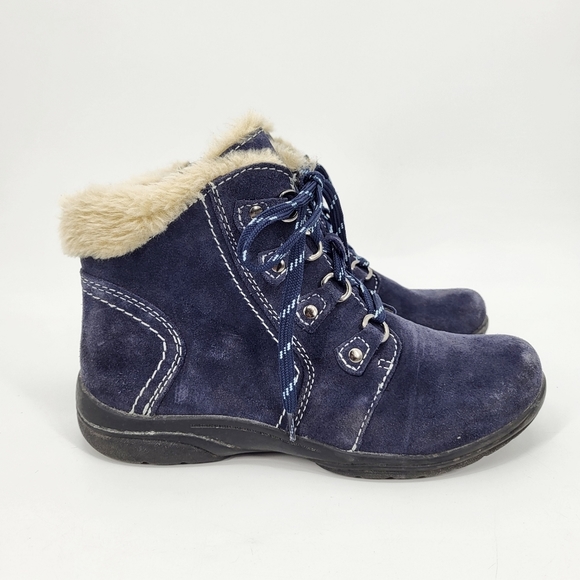 Earth Shoes - Earth Crowley Suede Leather Ankle Boots Lace Up Faux Fur Trim Blue Size 8.5